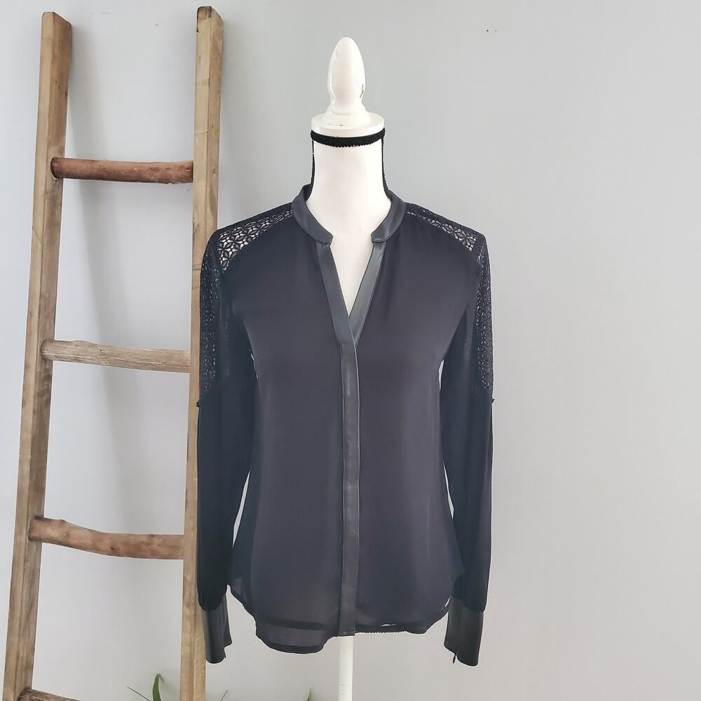 Madison Marcus Black Silk & Lace Button Down Top Leather Trim XS